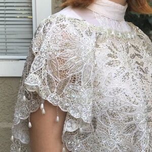 Antique 20’s cream/silver hand crocheted hand made all beaded poncho/cape